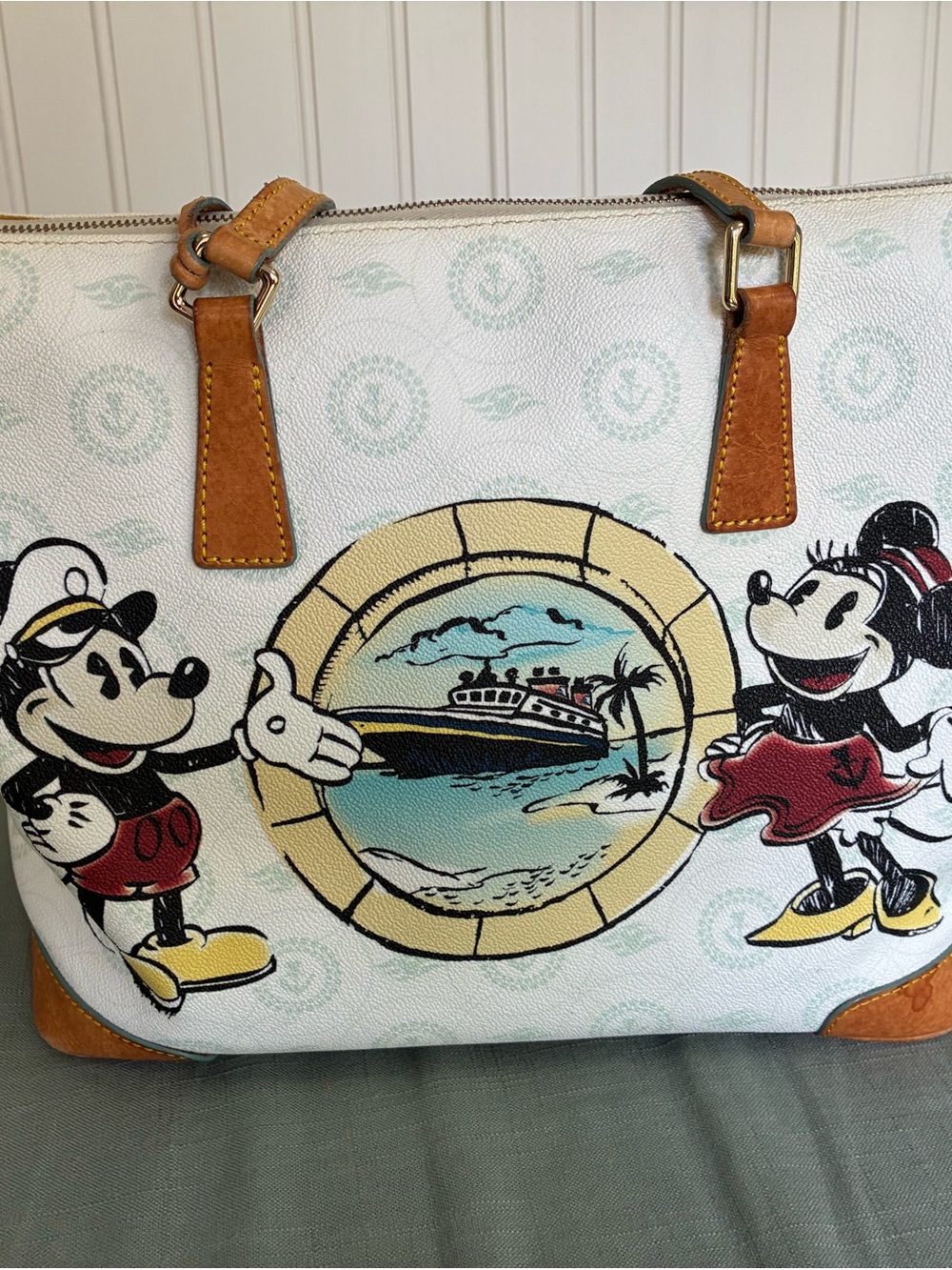 Disney x Dooney & Bourke White Canvas Mickey & Minnie Tote with Tan Leather Trim
